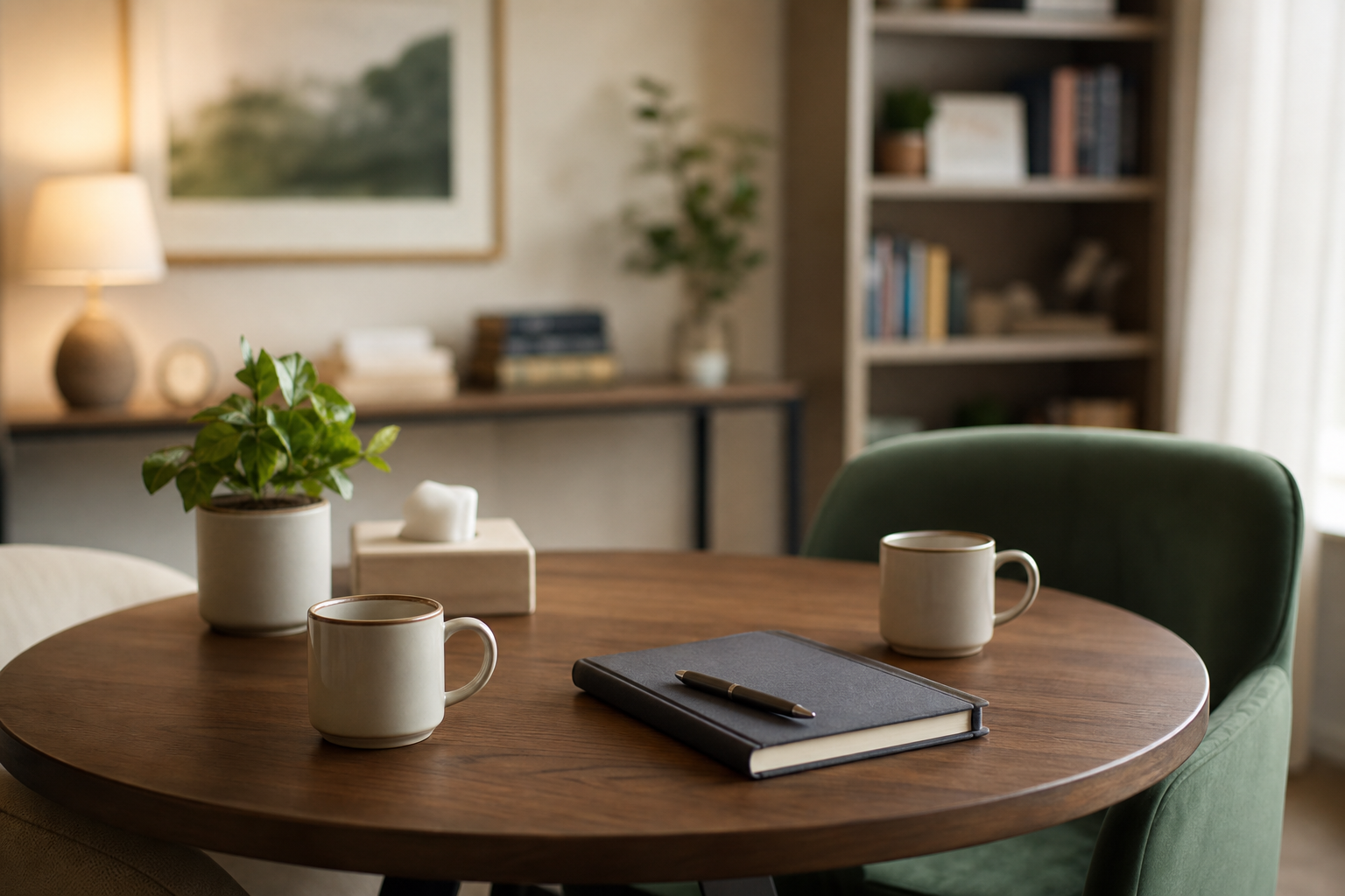 A calm consultation table prepared for a counseling conversation.