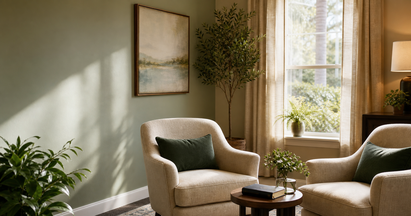 A calm counseling office with soft natural light and comfortable seating.