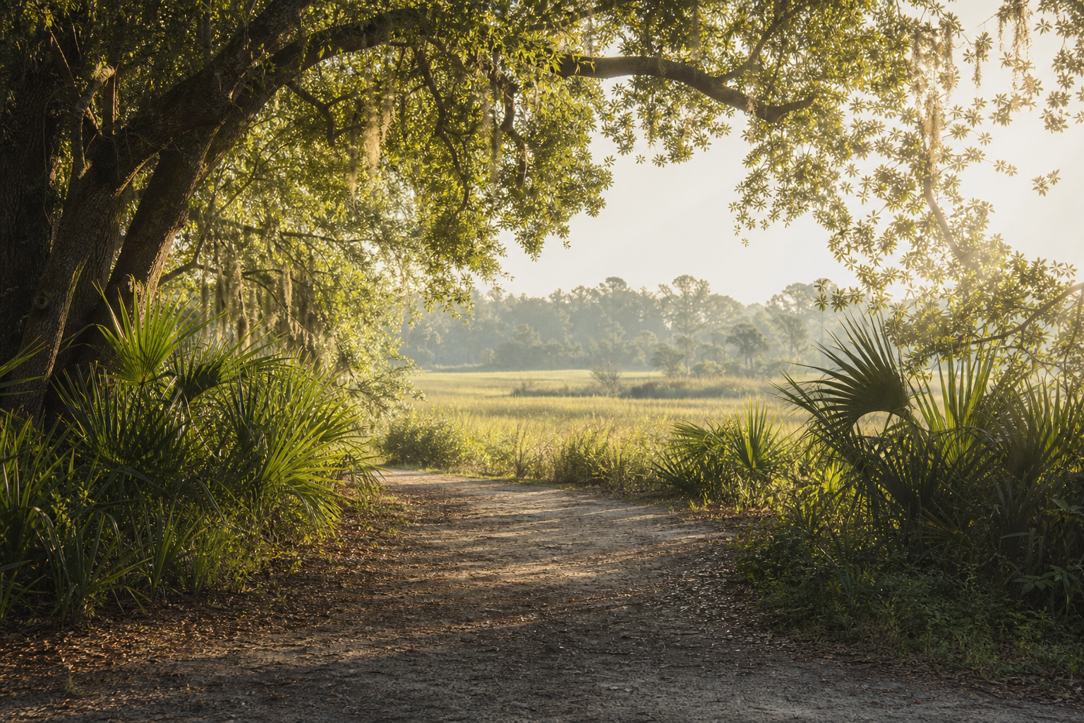 A peaceful Lowcountry path beneath live oaks, palmettos, and warm morning light.